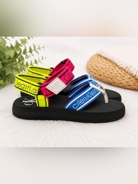 Calvin Klein Logo Strap Sandals Blue, Pink, Neon Yellow Size 8.5 - New